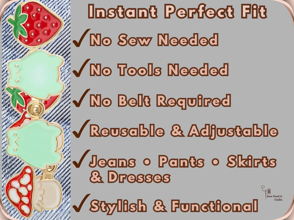 No sew, no tools, no belt: reusable waist tightener pins for jeans, pants, skirts and dresses