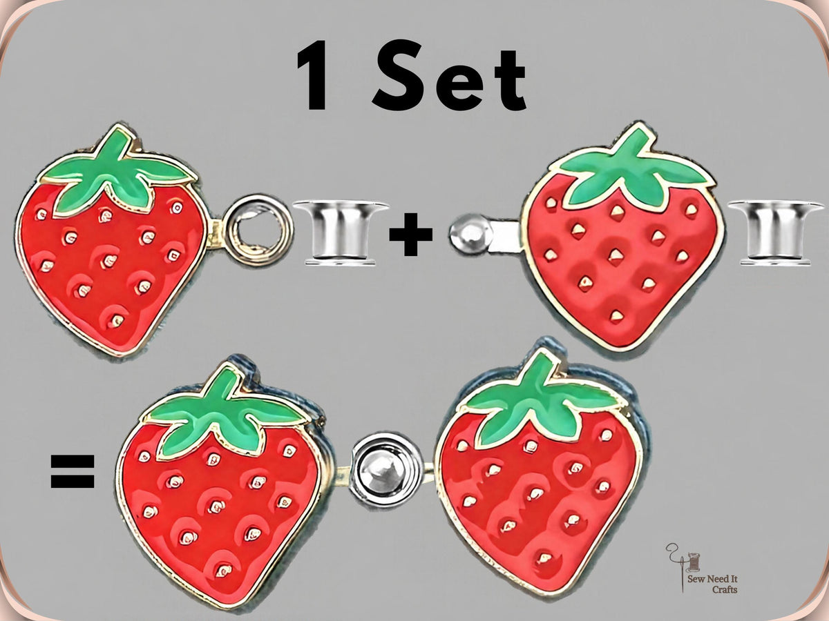 One set: a strawberry pin with a ring and a strawberry pin with a peg, each with a silver locking back, shown snapped together