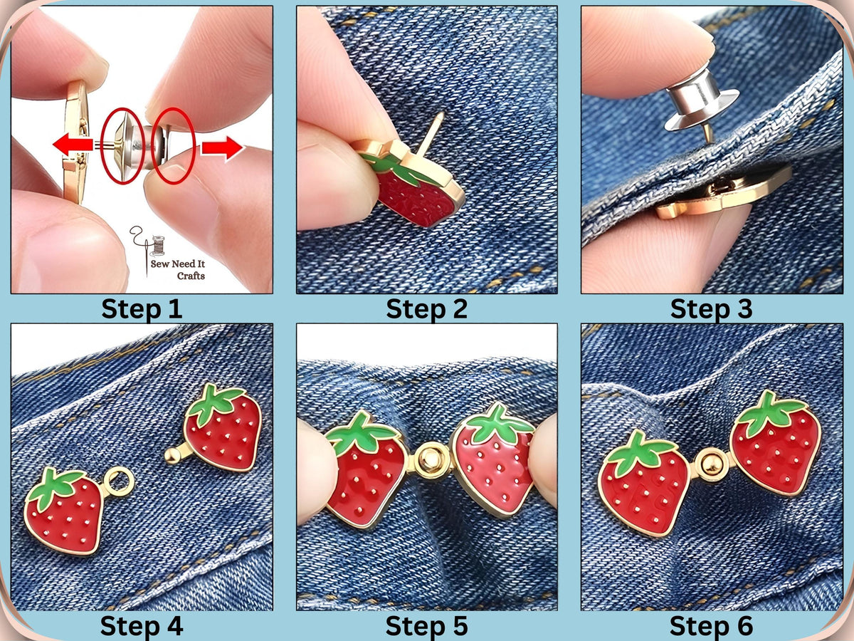 Six-step guide to fitting strawberry waist tightener pins on jeans, from removing the back cap to snapping the pins together