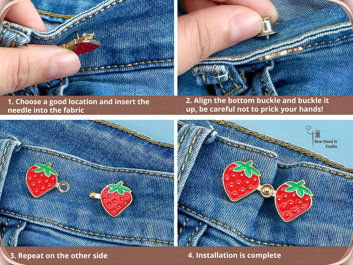 Four-step photo guide to installing strawberry waist pins on a jeans waistband