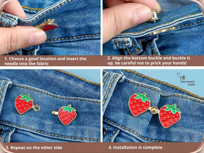 Four-step photo guide to installing strawberry waist pins on a jeans waistband