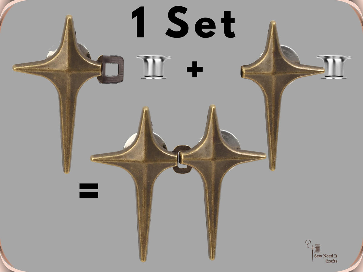 One set: a bronze star with a hinged loop and a plain star, each with a locking cap, shown hooked together