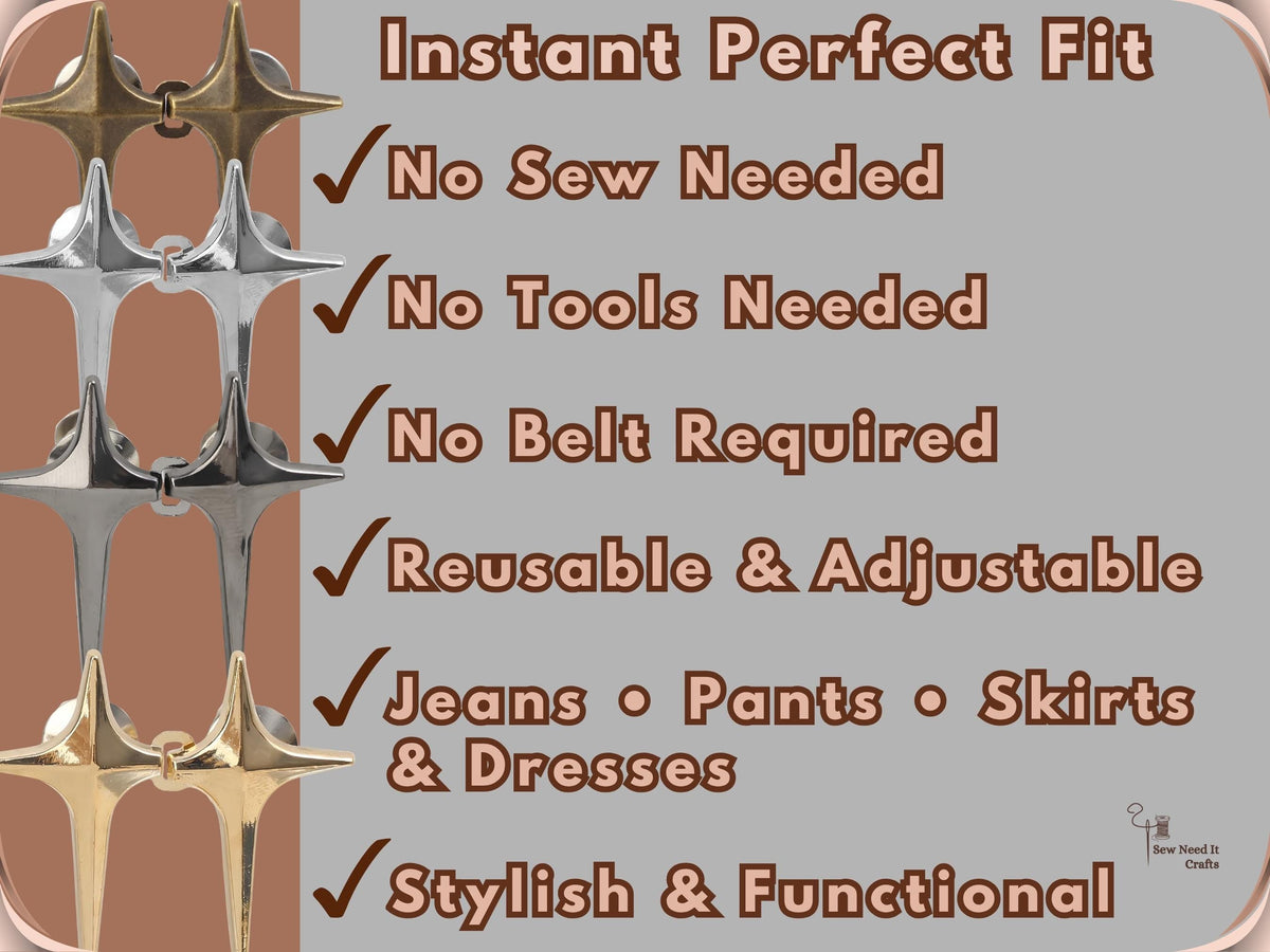No sew, no tools, no belt: reusable star jean pins for jeans, pants, skirts and dresses