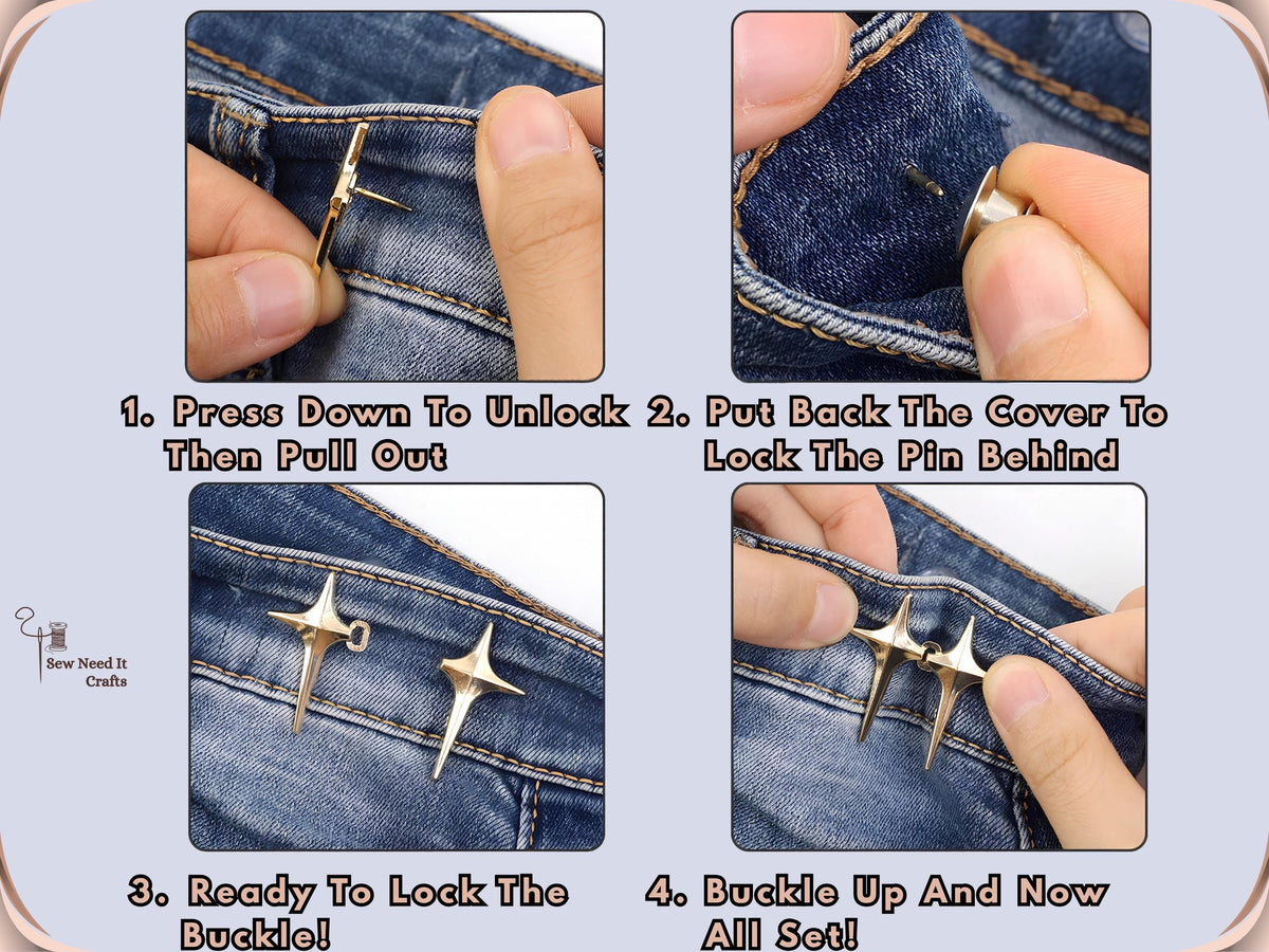 Four-step guide: unlock and remove the cap, lock the pin behind the waistband, then hook the two stars together