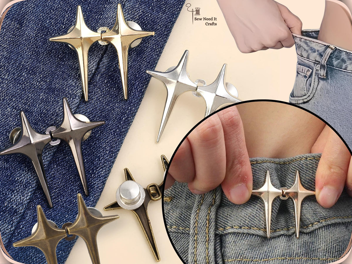 Sparkle star jean pins in golden, silver, gunmetal and bronze with locking caps, and an inset of a pair hooked on a jeans waistband