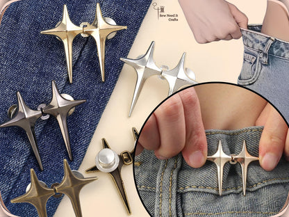 Sparkle star jean pins in golden, silver, gunmetal and bronze with locking caps, and an inset of a pair hooked on a jeans waistband