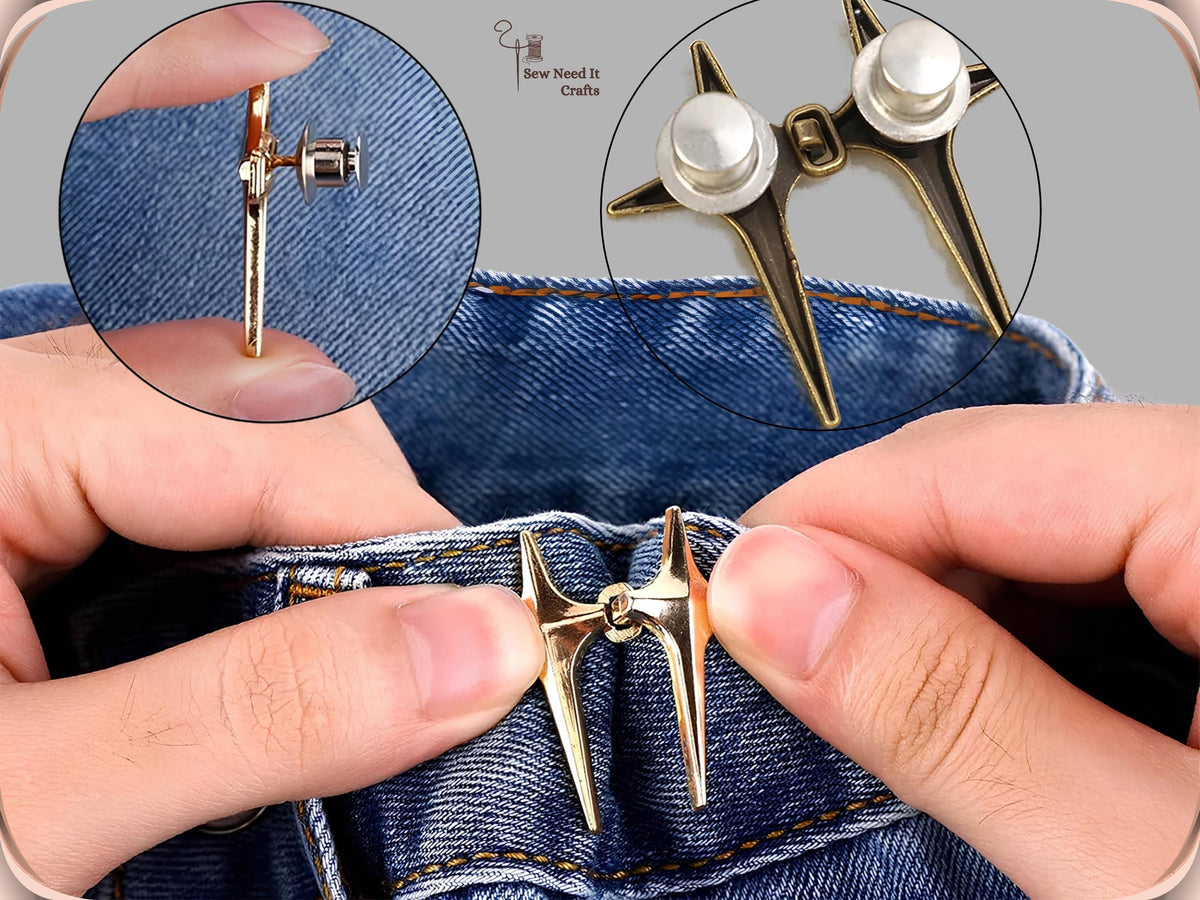 Hands hooking golden sparkle star jean pins together on a jeans waistband, with insets of the pin back and the caps