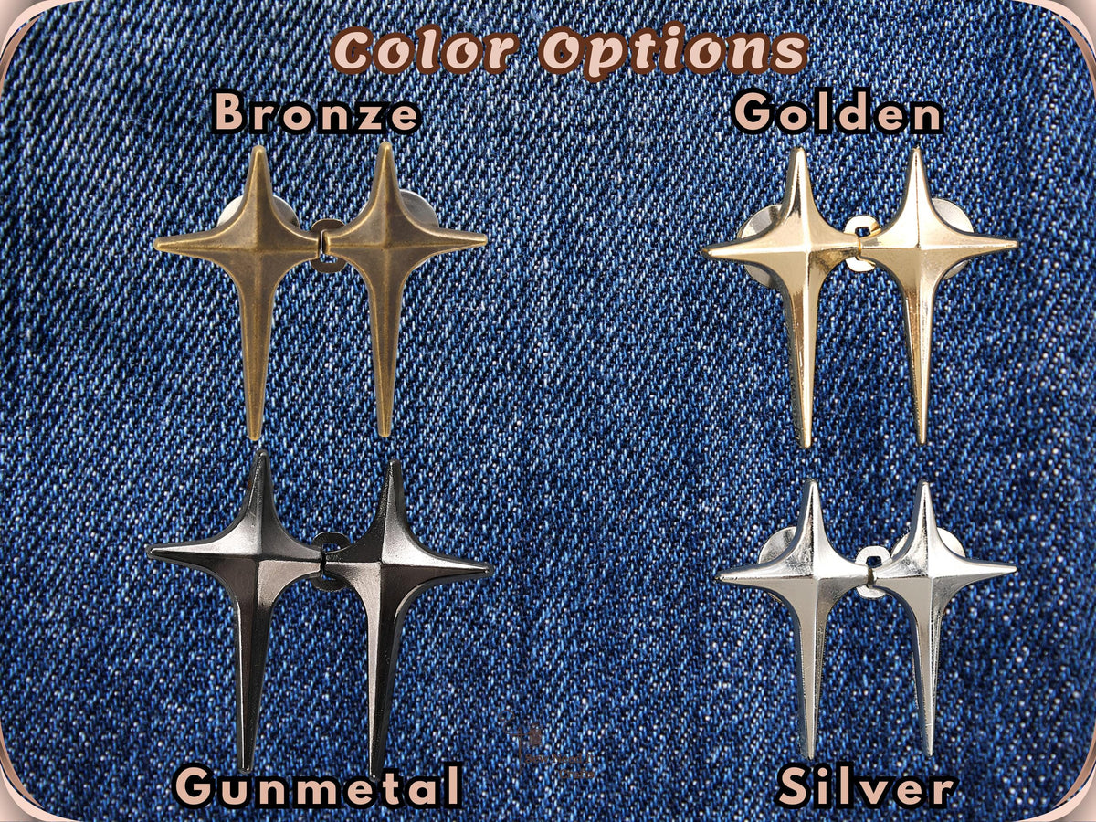 Color options: bronze, golden, gunmetal and silver sparkle star jean pins on denim