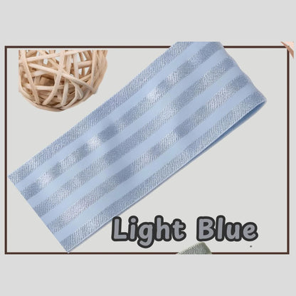 Light blue 2 inch satin stripe elastic band for sewing, folded flat and labelled Light Blue