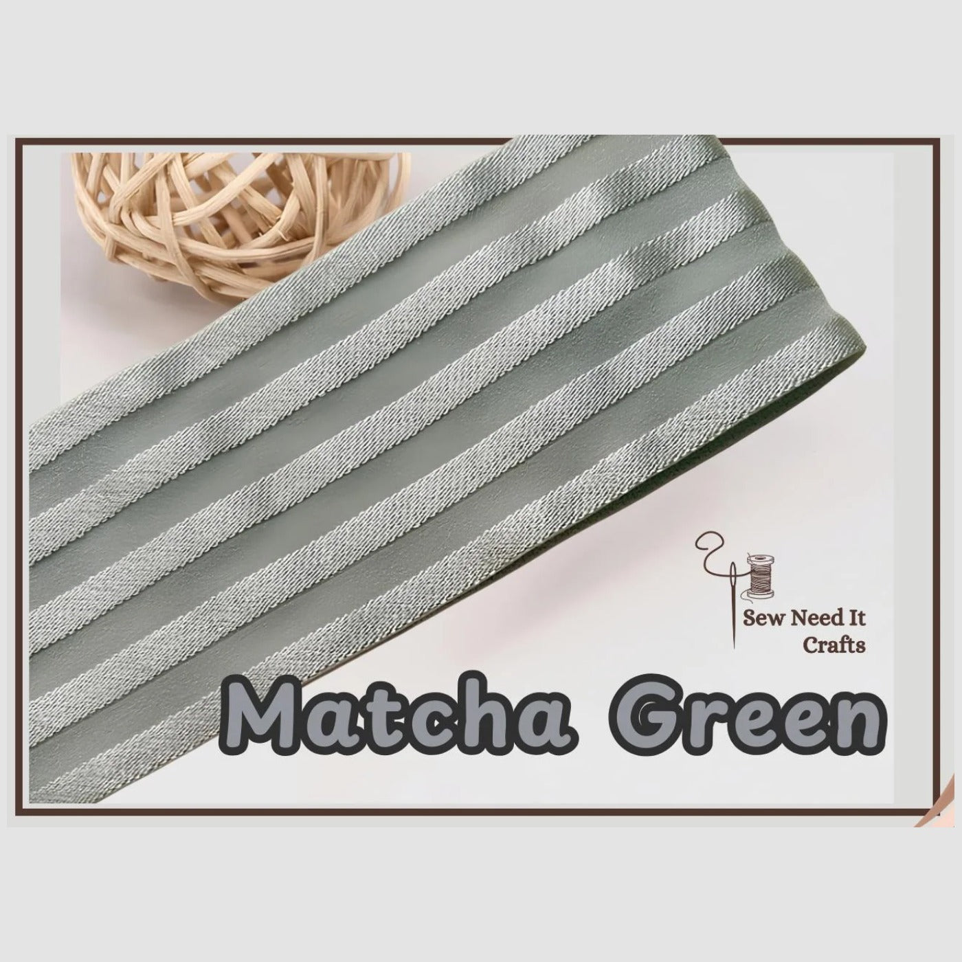 Matcha green 2 inch satin stripe elastic band for sewing, folded flat and labelled Matcha Green