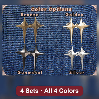 Four sets of star no-sew waist tightener pins, one in each color: bronze, golden, gunmetal and silver