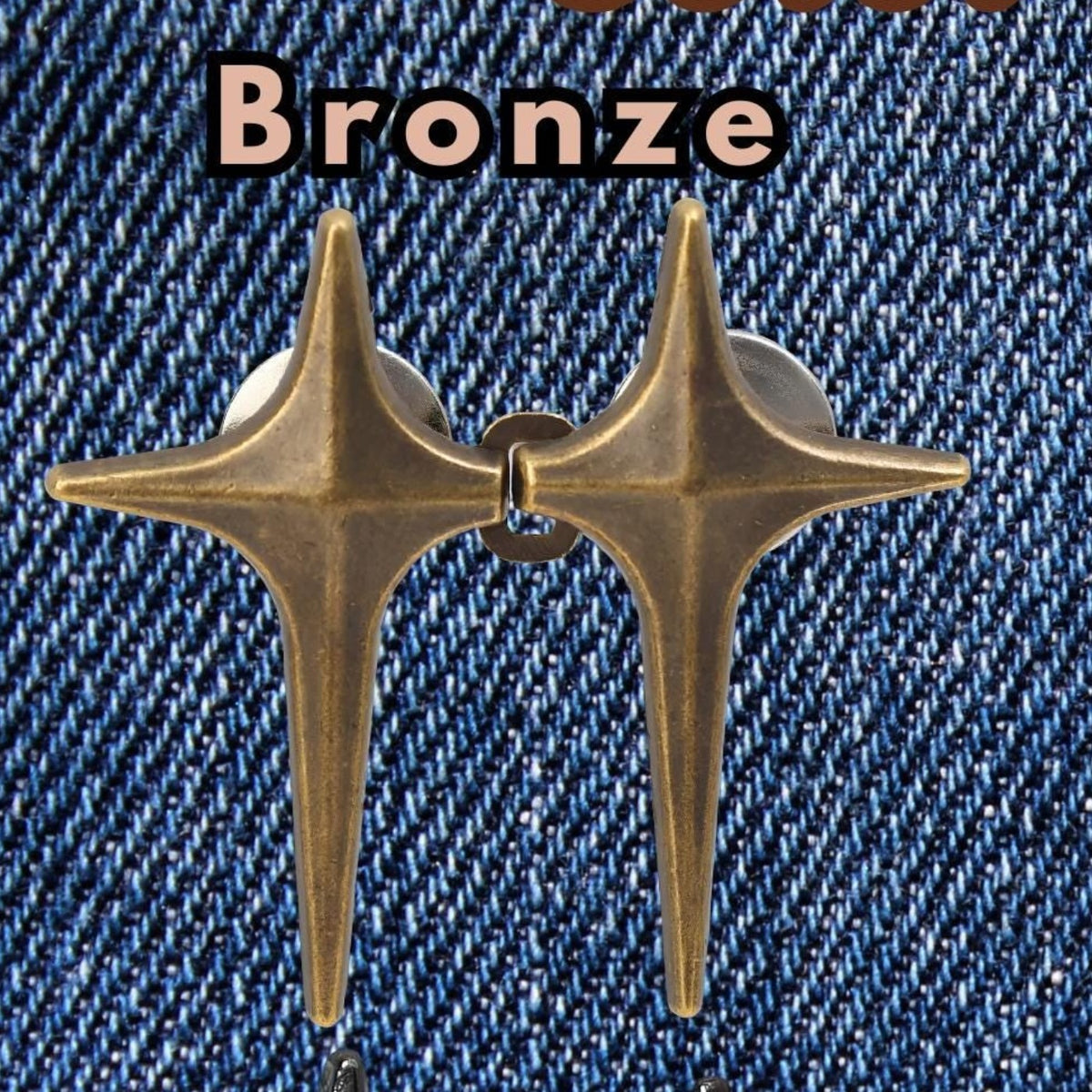 Bronze four-point star no-sew waist tightener pins, one set: two star pins joined by a hinged loop