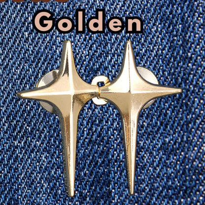 Golden four-point star no-sew waist tightener pins, one set: two star pins joined by a hinged loop