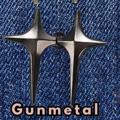 Gunmetal four-point star no-sew waist tightener pins, one set: two star pins joined by a hinged loop