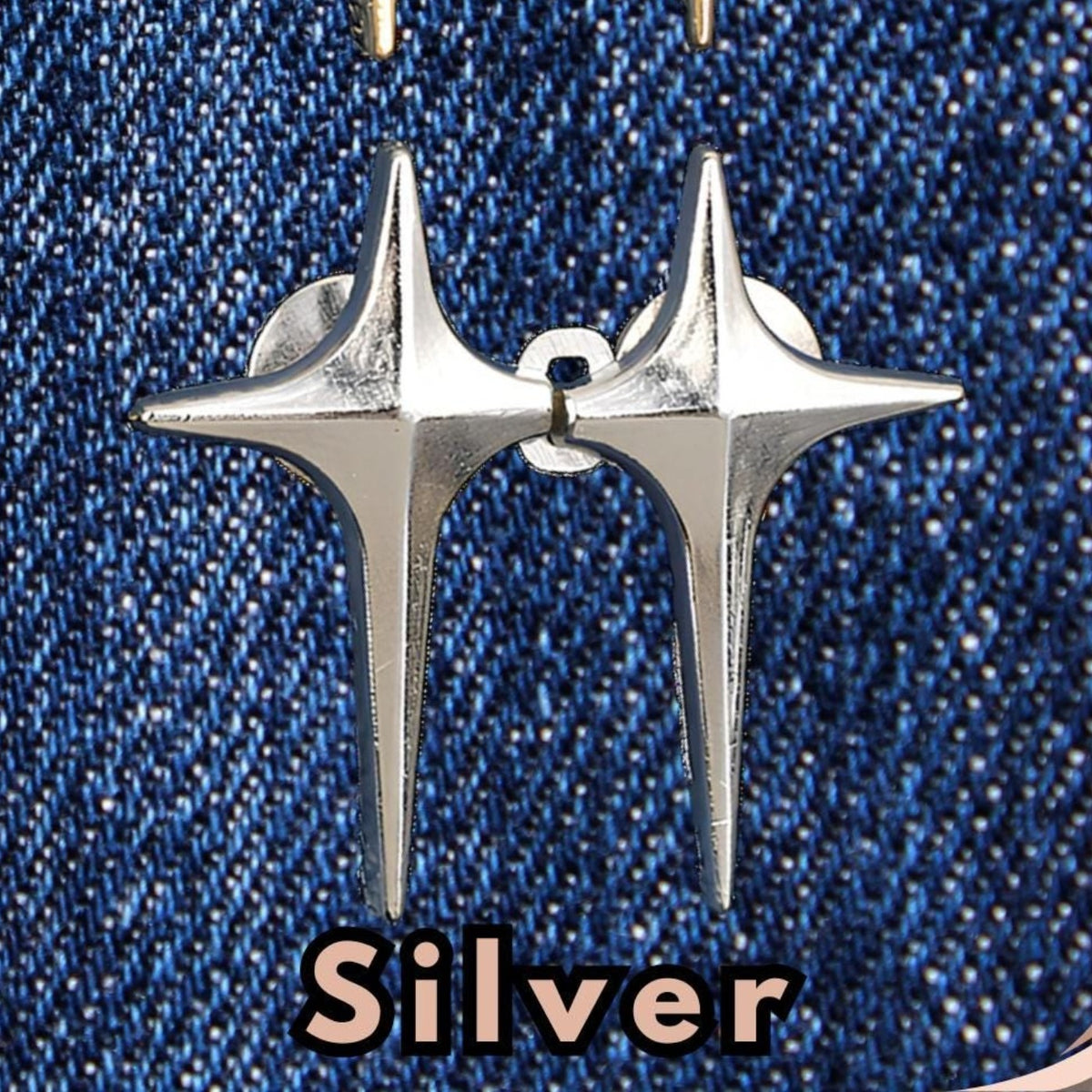 Silver four-point star no-sew waist tightener pins, one set: two star pins joined by a hinged loop