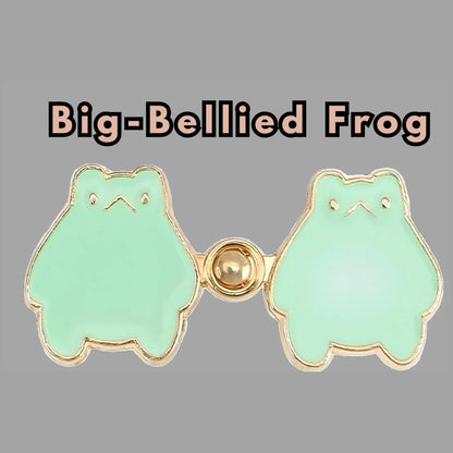 Big-bellied frog mint green enamel no-sew waist tightener pins, one set: two frog pins joined by a gold peg-and-ring snap