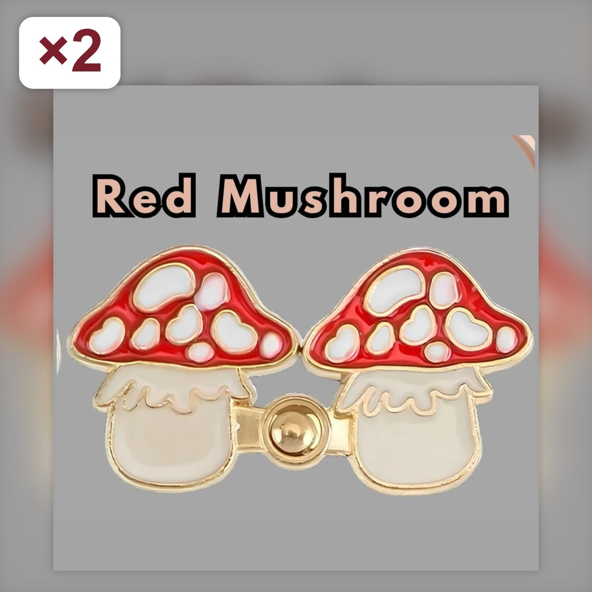 Two sets of red mushroom enamel no-sew waist tightener pins with gold peg-and-ring snaps