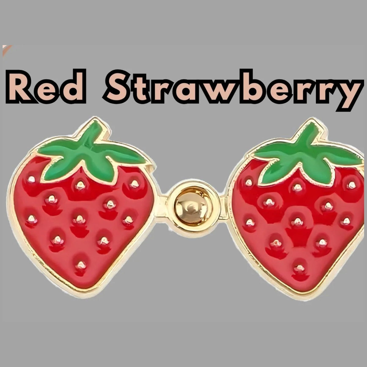 Red strawberry enamel no-sew waist tightener pins, one set: two strawberry pins joined by a gold peg-and-ring snap