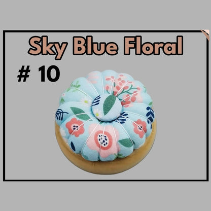 Pumpkin pin cushion with magnetic wooden base, #10 Sky Blue Floral fabric