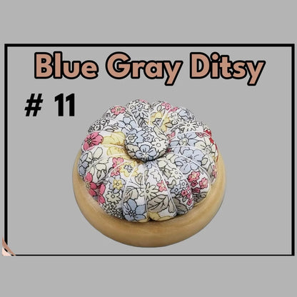 Pumpkin pin cushion with magnetic wooden base, #11 Blue Gray Ditsy fabric