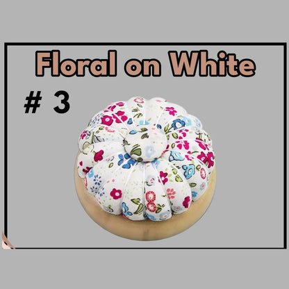 Pumpkin pin cushion with magnetic wooden base, #3 Floral on White fabric