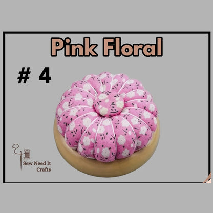 Pumpkin pin cushion with magnetic wooden base, #4 Pink Floral fabric