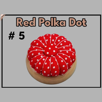Pumpkin pin cushion with magnetic wooden base, #5 Red Polka Dot fabric