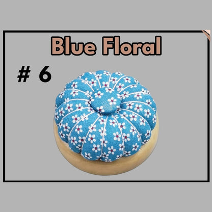 Pumpkin pin cushion with magnetic wooden base, #6 Blue Floral fabric