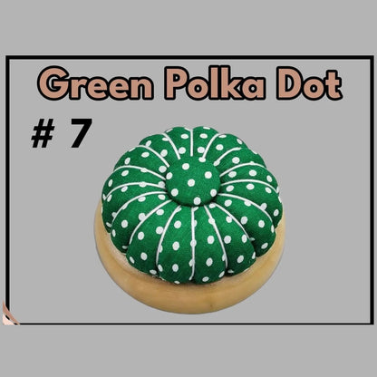 Pumpkin pin cushion with magnetic wooden base, #7 Green Polka Dot fabric