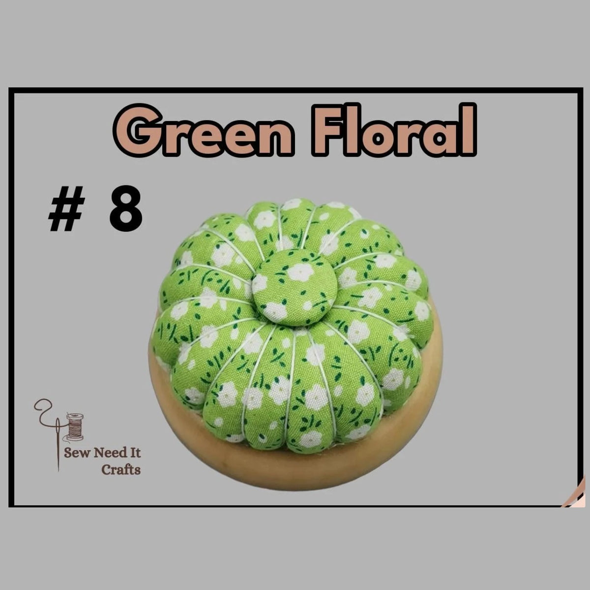Pumpkin pin cushion with magnetic wooden base, #8 Green Floral fabric