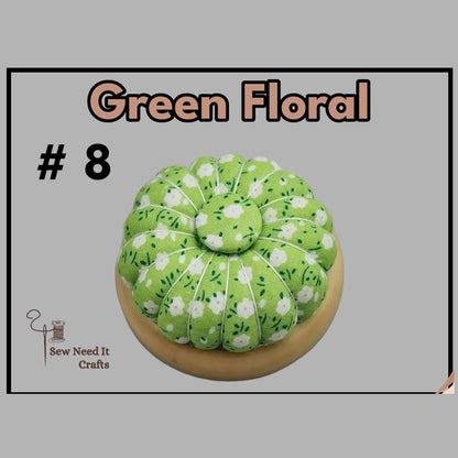 Pumpkin pin cushion with magnetic wooden base, #8 Green Floral fabric