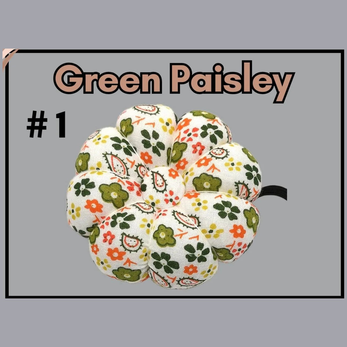 Pumpkin-shaped wrist pin cushion #1 Green Paisley print with elastic wristband