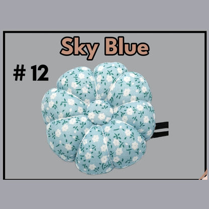 Pumpkin-shaped wrist pin cushion #12 Sky Blue print with elastic wristband