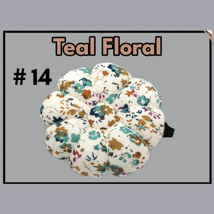 Pumpkin-shaped wrist pin cushion #14 Teal Floral print with elastic wristband