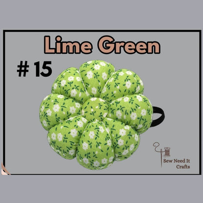 Pumpkin-shaped wrist pin cushion #15 Lime Green print with elastic wristband