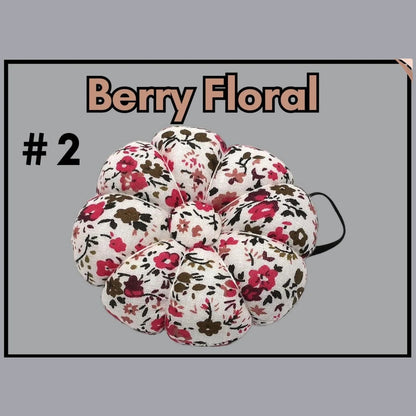 Pumpkin-shaped wrist pin cushion #2 Berry Floral print with elastic wristband
