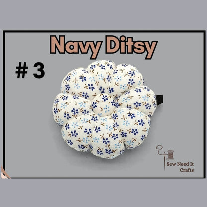 Pumpkin-shaped wrist pin cushion #3 Navy Ditsy print with elastic wristband