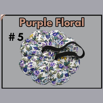 Pumpkin-shaped wrist pin cushion #5 Purple Floral print with elastic wristband