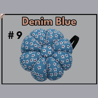 Pumpkin-shaped wrist pin cushion #9 Denim Blue print with elastic wristband