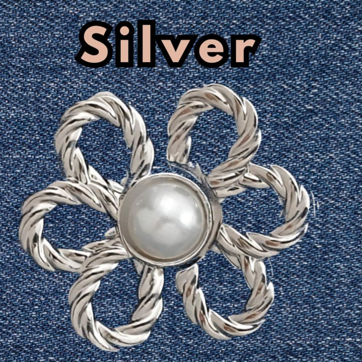 Silver pearl flower no-sew waist adjuster clip, 1 set