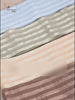 Video showing the 2 inch striped elastic band being stretched, shown in several colors, measured with a digital caliper at about 1 mm thick, soaked and wrung out in clear water with no color bleeding, and used as a decorative side panel on trousers