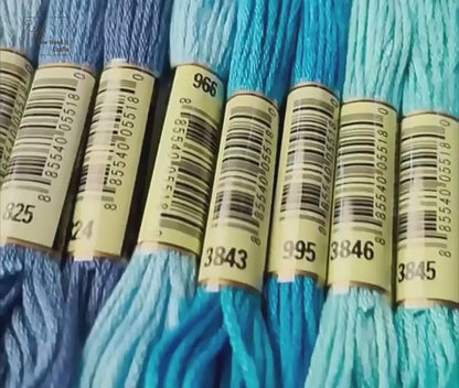 Video of banded six-strand embroidery floss skeins in blues, greys, greens and pinks, then hands holding a mixed pack and winding the floss
