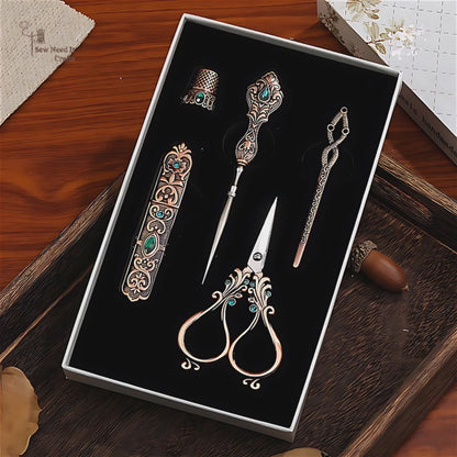 Elegant Metal Engraved Antique, Retro & Vintage Style Complete Sewing Set With Box