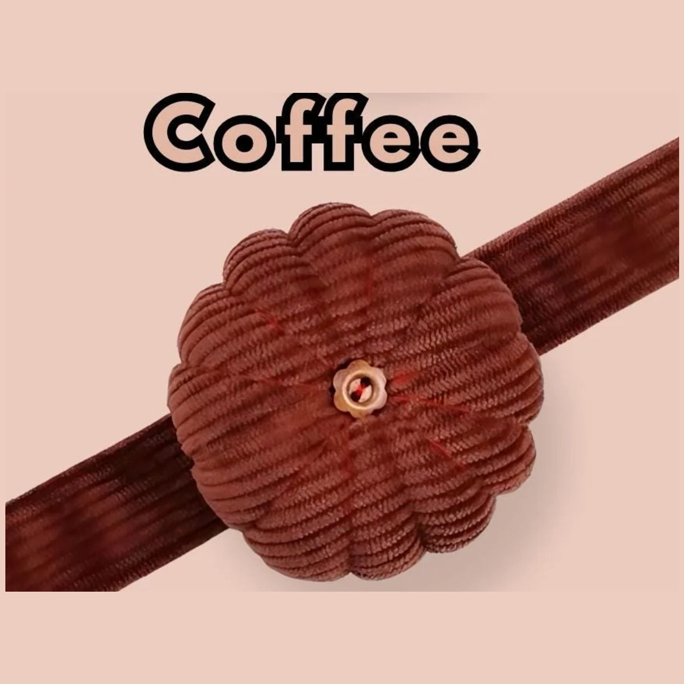 Coffee brown corduroy pumpkin pin cushion on its matching dark brown wrist band