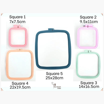 Set of five square plastic embroidery hoops, 7 x 7.5 cm to 25 x 28 cm