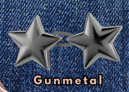 Gunmetal star shape waist adjuster, one set, clipped to a denim waistband