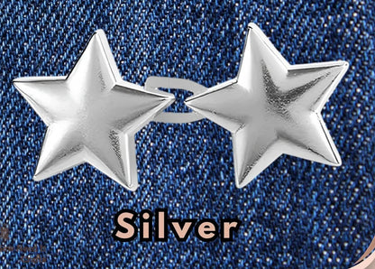Silver star shape waist adjuster, one set, clipped to a denim waistband